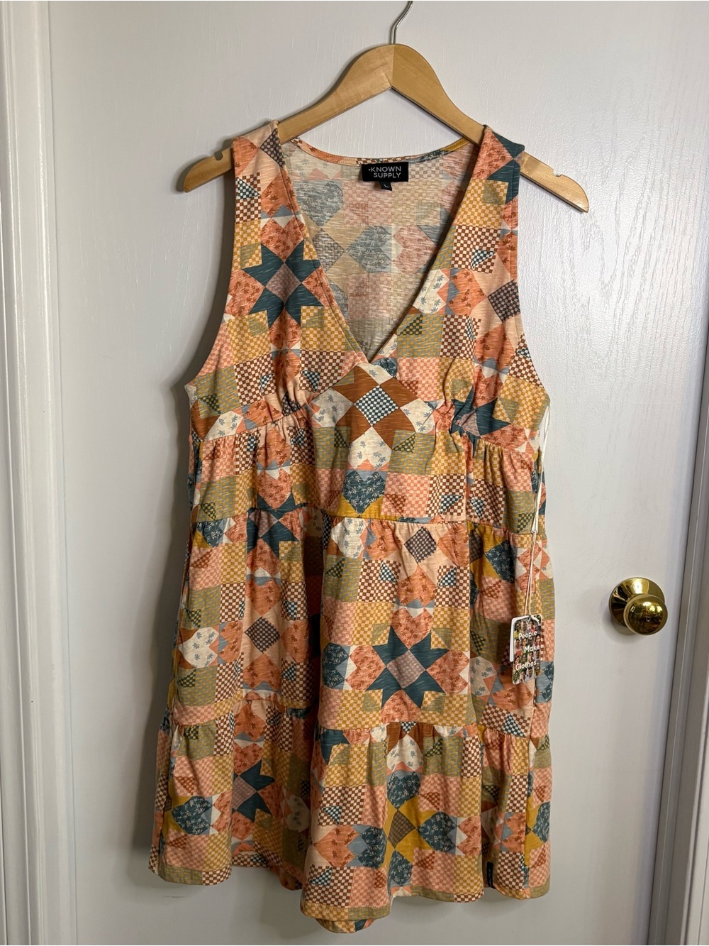 KNOWN SUPPLY Patchwork Quilt Print Tiered Dress Babydoll Boho Org Cotton